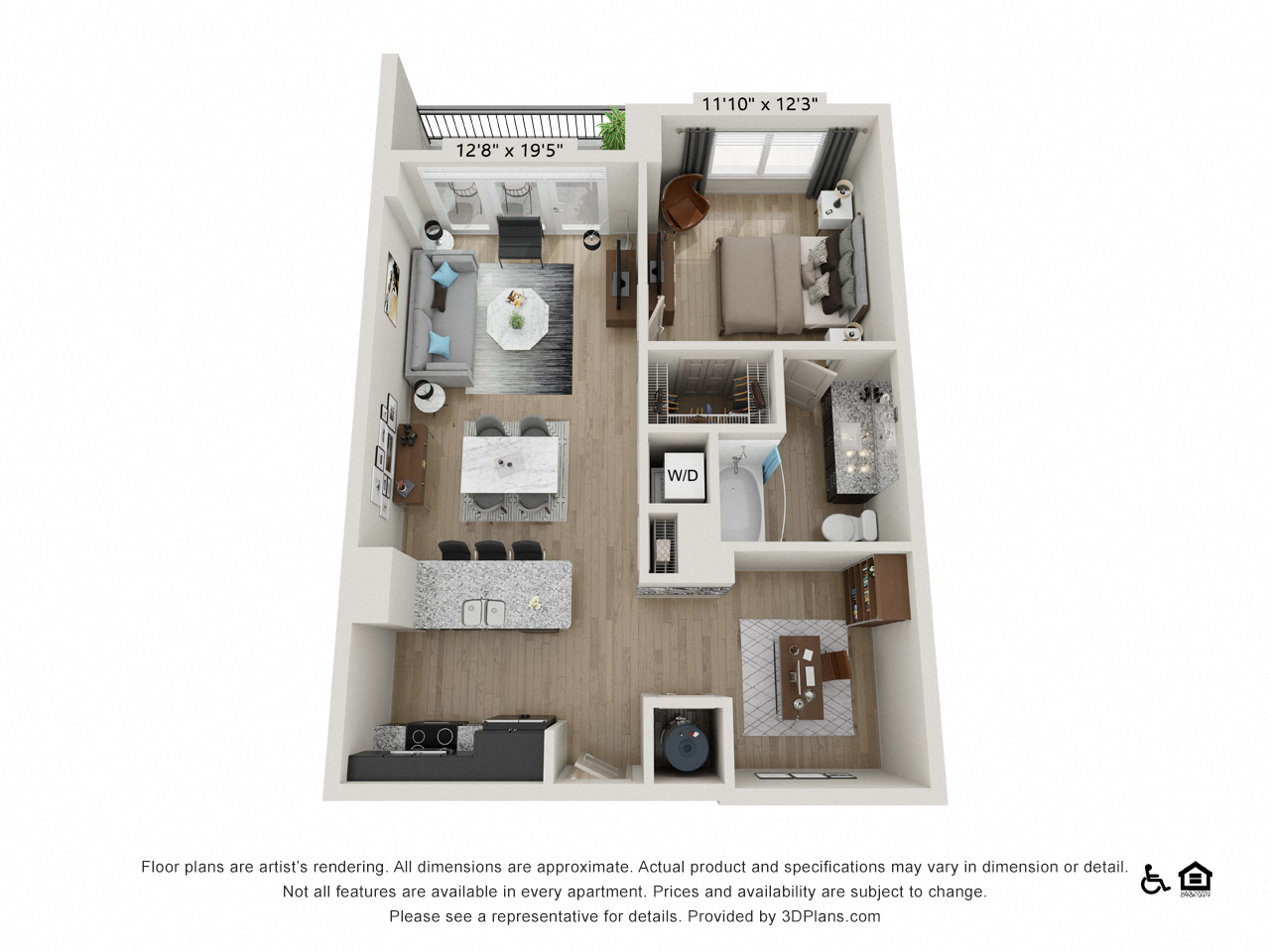 Floor plan for 1 bed, 1 bath, 785 sqft